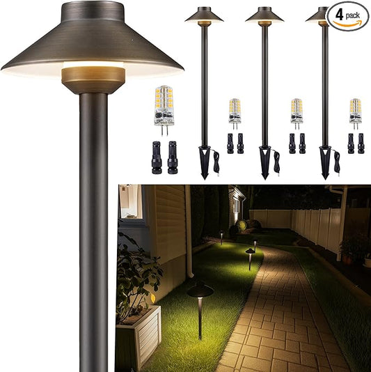 Gardenreet Low Voltage Landscape Lighting Brass - 12v Pathway Lights Waterproof, Hardwired Path Light Outdoor, Antique Bronze for Exterior Patio Garden with 3W 2700K Warm White G4 Bulb (4 Pack)