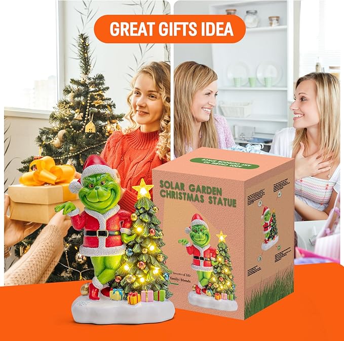 Green Monster Solar Garden Statue with Christmas Tree and 6 LED Lights - Outdoor Figurine - Glossy Resin - Waterproof - Spot Clean - Christmas Decor