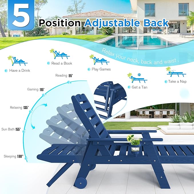 nalone Outdoor Chaise Lounge Chair Set of 2 with Wheels & Cup Holder, HDPE Pool Lounge Chairs with 5-Position Adjustable Backrest Supports Up to 400 LBS for Patio Poolside Deck Beach(Navy Blue)