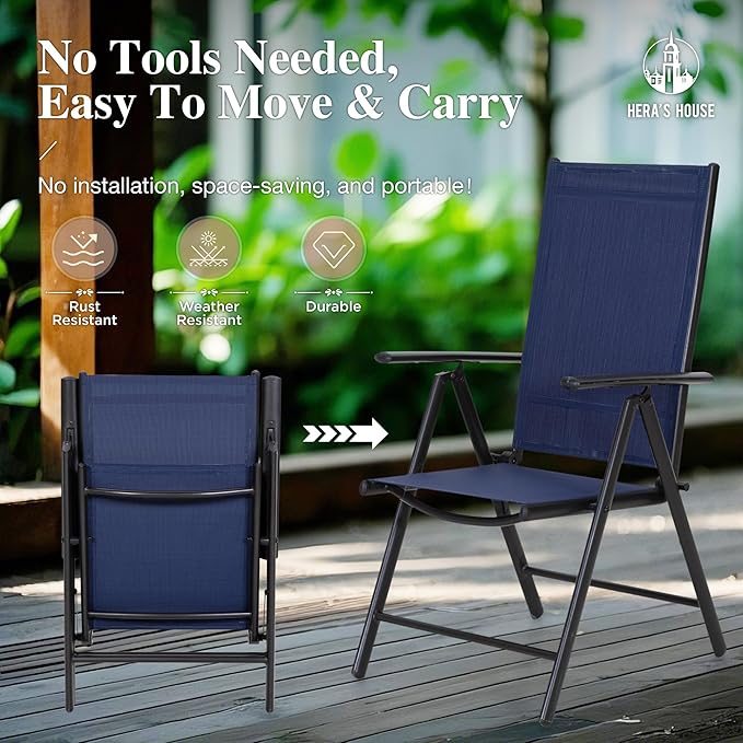 HERA'S HOUSE 7-Piece Outdoor Dining Set for 6, 64" Weather-Resistant Metal Patio Table with 6 Foldable Blue Chairs, Perfect for Garden, Backyard, Porch & Lawn (Space-Saving Design)