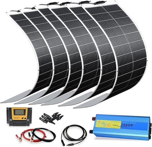 XINPUGUANG 100w 12V Flexible Solar Panels 600W 24V Solar System Kit Monocrystalline Cell Module 45A Controller 2000w Inverter for Off Grid Solar Battery Charger for Home Cabin RV Boat Trailer(600W)