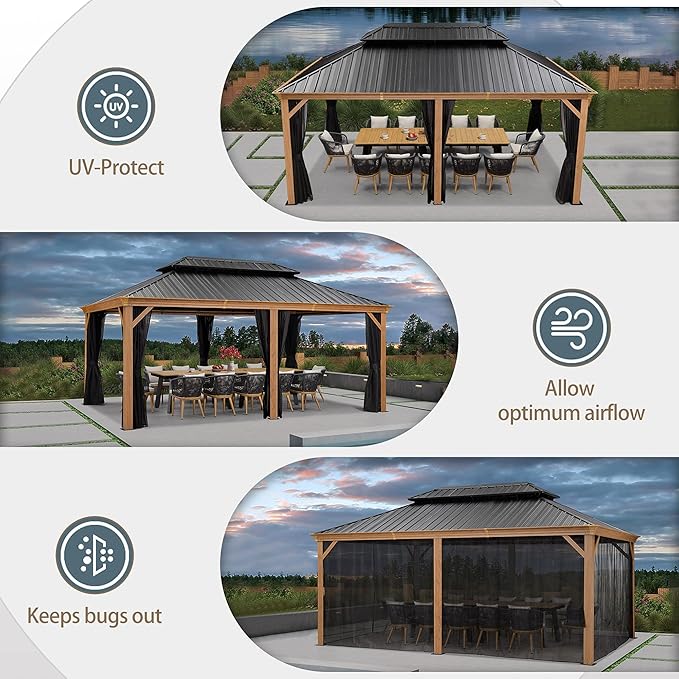 PURPLE LEAF 12' X 18' Outdoor Hardtop Gazebo for Patio Galvanized Steel Double Roof Permanent Canopy Teak Finish Coated Aluminum Frame Pavilion Gazebo with Netting