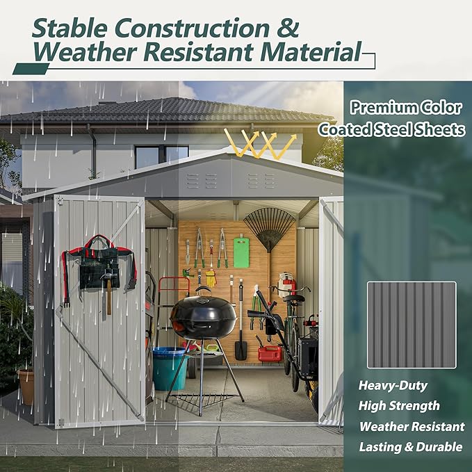 10 x 10 FT Outdoor Storage Shed, Large Metal Tool Sheds with Updated Frame Structure and Lockable Doors, Garden Shed for Backyard Garden Patio Lawn, Grey