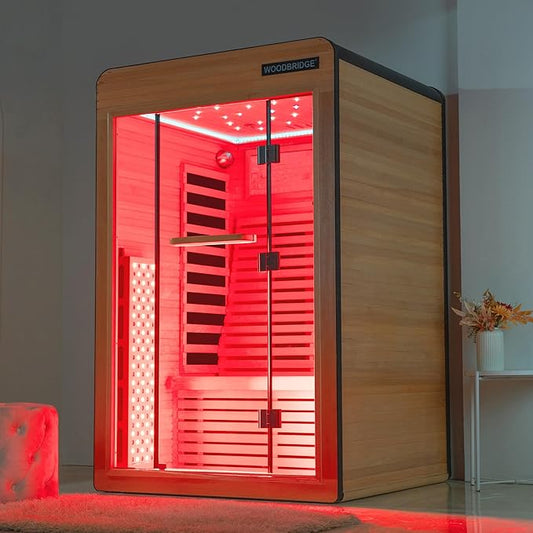 Woodbridge Infrared Home Sauna Room 2 Person Hemlock Wooden Indoor Sauna,7 Carbon 2230W/120V Heaters,with Led Color Therapy Light,Bluetooth Speaker,Tempered Glass,Touch-Tone Keypad and A Top Vent