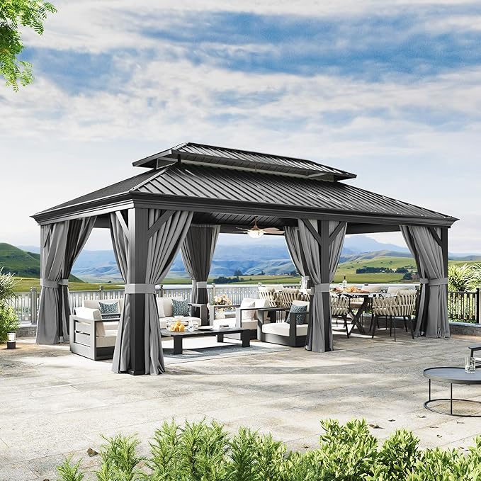 Aoxun 12' X 20' Hardtop Gazebo with Drainage System, Aluminum Outdoor Gazebo with Galvanized Steel Double Roof, Patio Permanent Metal Pavilion with Netting, for Garden, Deck, Grey, Square Foundation