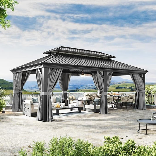Aoxun 12' X 20' Hardtop Gazebo with Drainage System, Aluminum Outdoor Gazebo with Galvanized Steel Double Roof, Patio Permanent Metal Pavilion with Netting, for Garden, Deck, Grey, Square Foundation