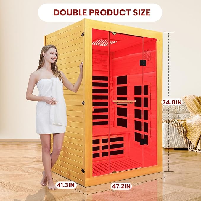 Infrared Sauna 2000W Wooden Saunas Home Spa Room Canadian Hemlock Wood Low-EMF Indoor Saunas with with Red Light Beauty Lamp for Two Person 74.8 * 47.2 * 41.3Inch