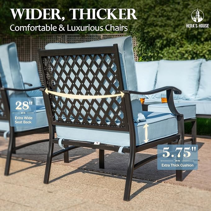 HERA'S HOUSE Outdoor Chairs Set of 2, 2 x Patio Chair with Blue Cushions, All Weather Outdoor Furniture for Lawn Garden Backyard Deck(Leg Chairs)