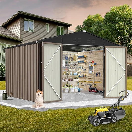 8X8FT Metal Outdoor Storage Shed - Galvanized Steel Waterproof Garden Shed with Lockable Doors & Vents, All-Weather Utility Tool Shed for Lawn Mower, Bike