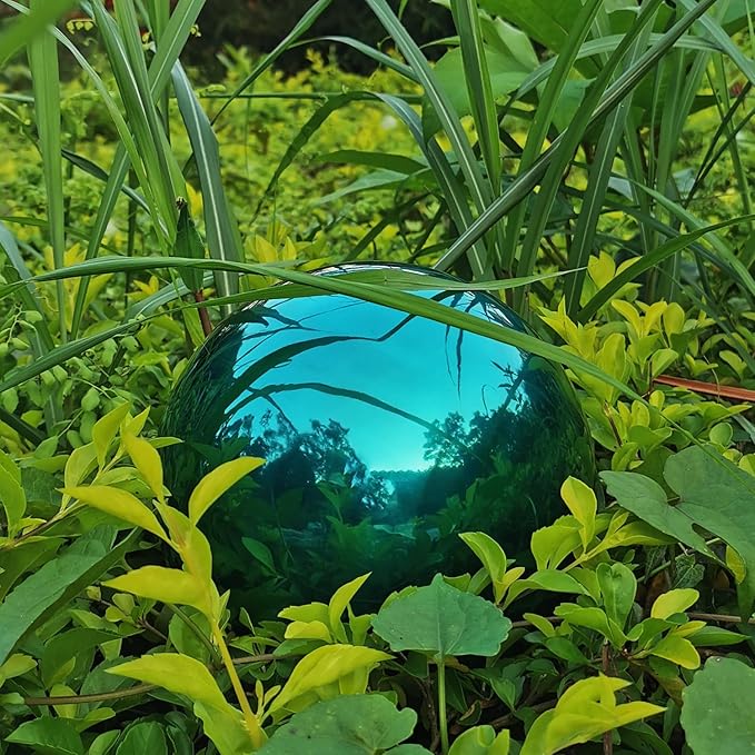 Cyan Blue Gazing Globe Mirror Ball in Stainless Steel, Shiny Hollow Sphere Sparkling Housewarming Outdoor Party Ornament (Cyan Blue, 8 inches)