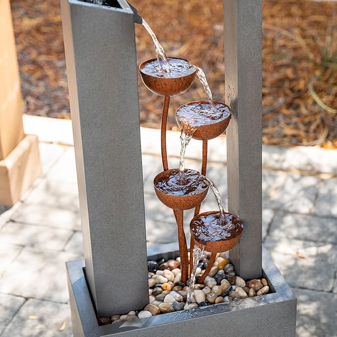 XBrand Metal Sculptural Multi-Tiered Flower Water Fountain, No LED Lights, Gray and Bronze, 38" Tall