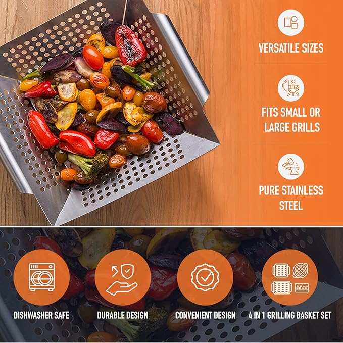 Yukon Glory 3-Piece Mini Grill Basket Set, Perforated Stainless Steel Vegetable BBQ Baskets With Grill Pan Topper, Square & Round, Dishwasher Safe
