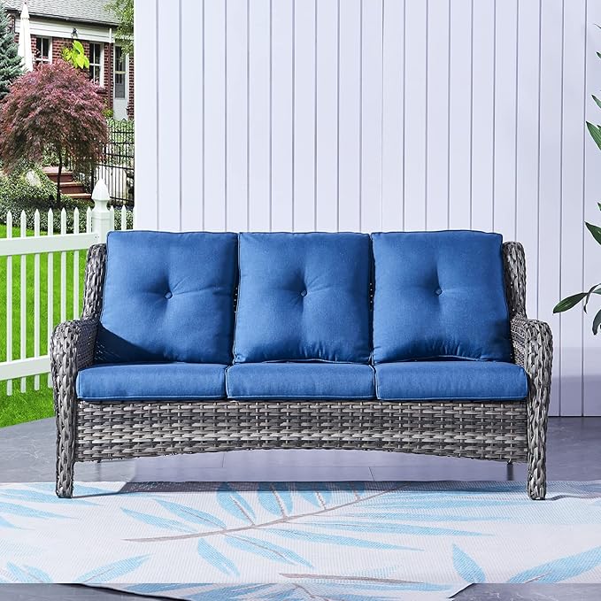 HUMMUH 3-Seat Outdoor Wicker Sofa PE Rattan Patio Couch with Cushions,Deep Seat High Curved Back Armset Patio Sofa