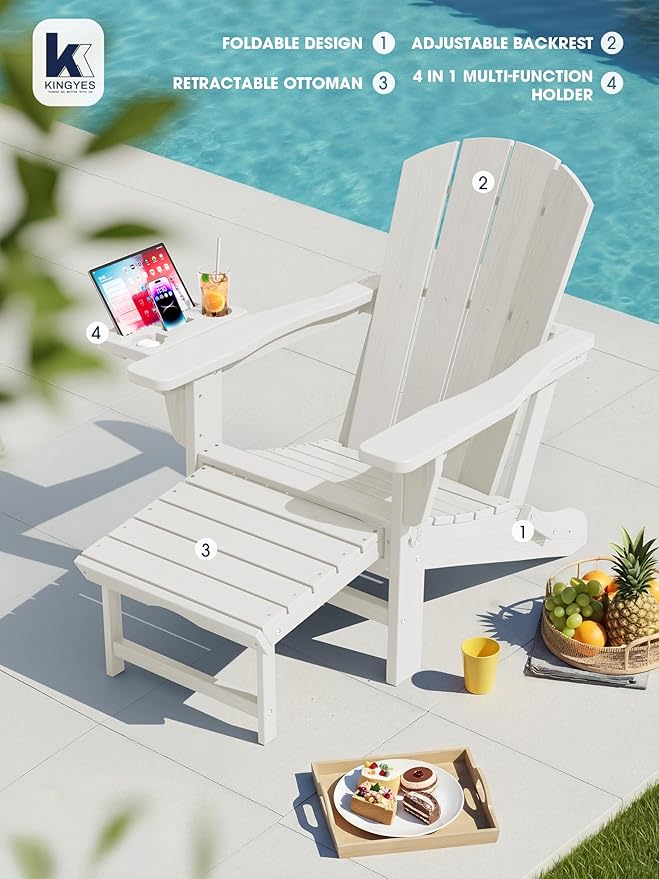 KINGYES Adjustable Folding Adirondack Chair with Footrest & 4-in-1 Multi-Functional Armrest Organizer Set of 4, HDPE Foldable Reclining Adirondack Chair with Pull-Out Ottoman, White