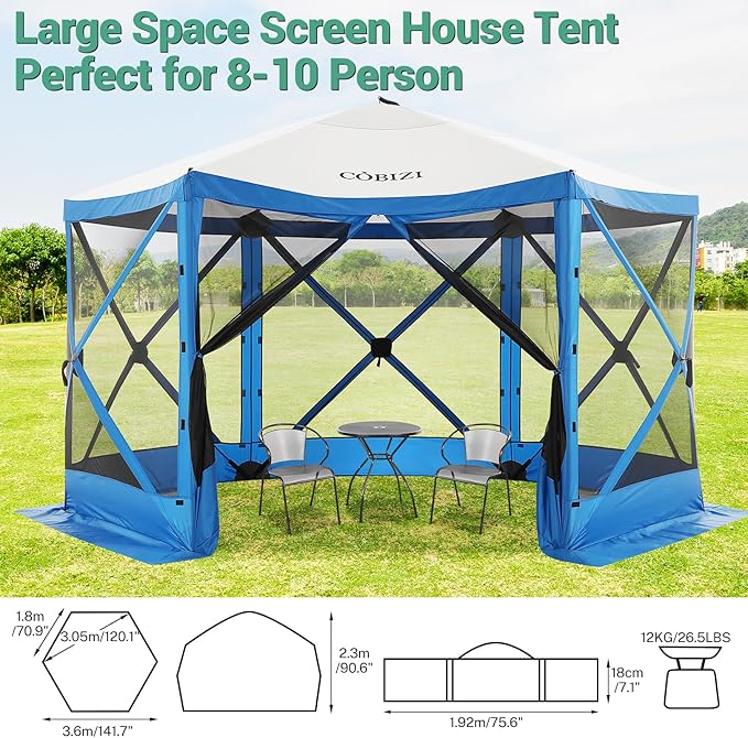 COBIZI 12x12 pop up Gazebo on Clearance Screen Canopy Tent, Camping Outdoor Screened Gazebo with Sidewalls, Portable Hub Tent with Carrying Bag and Ground Stakes, Blue