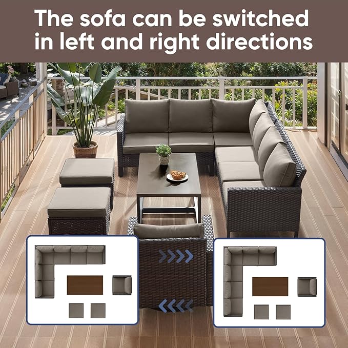 HUMMUH 8 Piece Patio Furniture Set PE Wicker Outdoor Sectional Sofa and Patio Swivel Chairs Outdoor Dining Table Ottomans for Porch,Garden,Backyard,Deck(Brown/Grey)