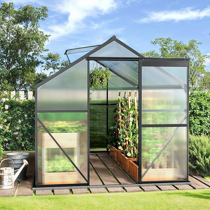 Gizoon 8x6 FT Outdoor Greenhouse, Polycarbonate Walk-in Garden House with Adjustable Roof Vent & Sliding Door, Aluminum Frame Garden Plant House for Backyard, Patio and Gardening (Black)