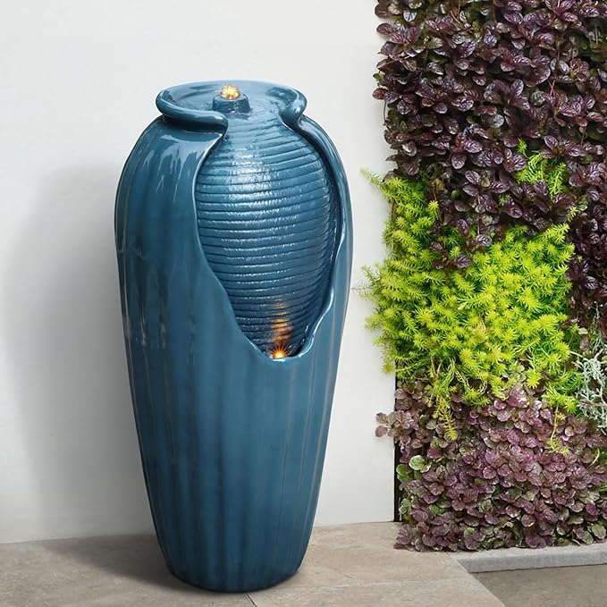 Teamson Home 32 in. Outdoor Contemporary Glazed Contoured Vase Water Fountain with LED Lights to Create a Calming Oasis in Gardens and Landscaping, on Patios, Balconies, Lawns, Teal Blue