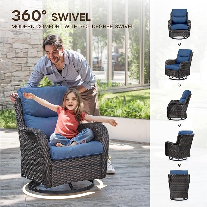 Patio Luxury Conversation Set 6PCS Resin Wicker Swivel Chairs Set, 4 Swivel Patio Chairs with Rattan Side Table and 30in Square Wicker Fire Table Set Brown Wicker|Blue Cushions