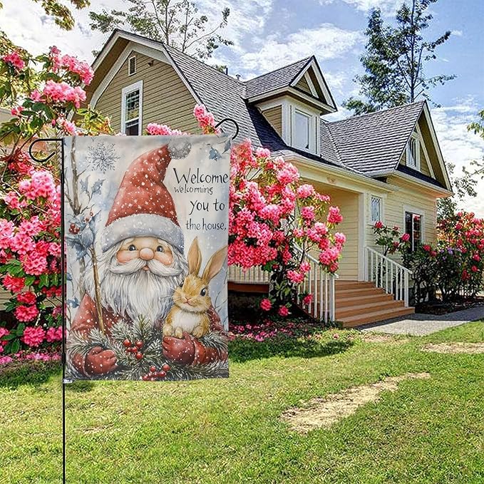 Christmas Gnome Rabbit Garden Flag Vertical Double Sided Outdoor Yard Flags 12.5x18 Inch Burlap Banners Vertical Double Sided for Outdoor Decor Lawn