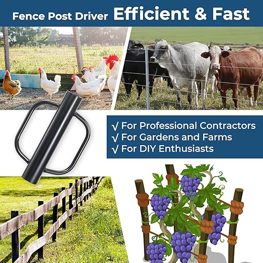 Fence Post Driver, 12LBS Fence Post Driver with Handle, 2.7 inch Inner Diameter Hand Post Pounder, Heavy Duty T Post Rammer Driver Tool for Wooden Post U Channel Fence Post Metal Post, Black 17 Inch