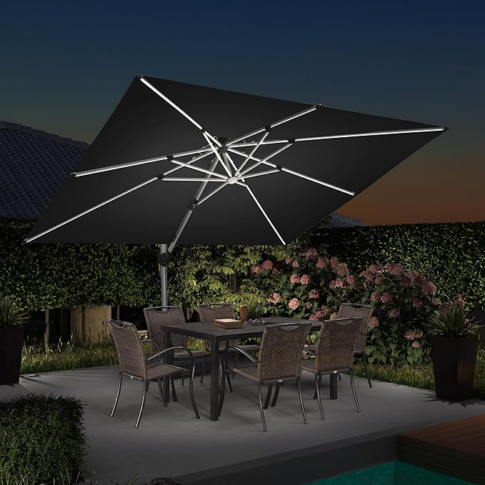 PURPLE LEAF 9' X 12' Solar Powered LED Rectangle Cantilever Umbrella With Base Patio Umbrellas Windproof Hanging Umbrella Outdoor Offset Umbrellas, Black
