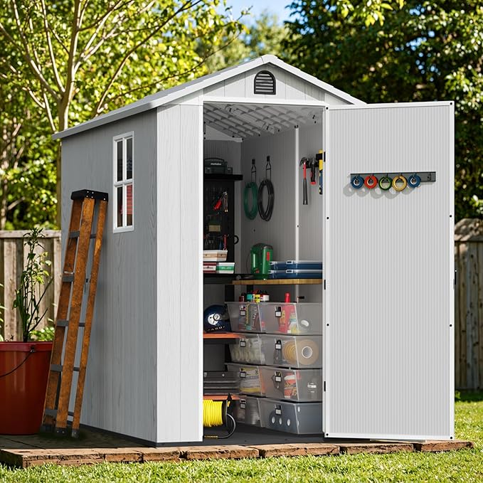 Greesum 4x6FT Plastic Outdoor Storage Shed with Floor, Resin Storaged Sheds with Lockable Door, Window & Vent, All-Weather Tool House for Garden, Backyard, Patio, Light Gray (One-Piece Panel)