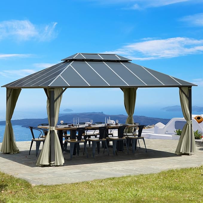 MELLCOM 12x16FT Hardtop Gazebo, Permanent Outdoor Aluminum Patio Gazebo with Aluminum Composite Double Roof for Patio Lawn and Garden, Curtains and Netting Included