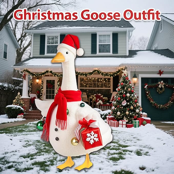 Christmas Snowman Porch Goose Outfits for Large 23" High Cement or Plastic Goose Statue, Yard Goose Cloths with Christmas Hat and Snowflake Gift Box Decor for Outdoor Lawn Gaden Patio