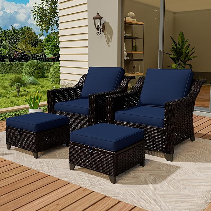 Vista Vibe 4 Pieces Outdoor Patio Conversation Furniture Set - 2 Luxurious Armchairs | 2 Wicker Ottomans, Removable Cushions, Hand-Woven PE Rattan, Office, Porch (Brown/Navy)