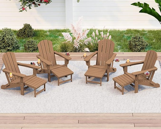 KINGYES Folding Adjustable Adirondack Chair with Ottoman & 2 Cup Holders Set of 4, HDEP Reclining Adirondack Chair with Footrest, Brown