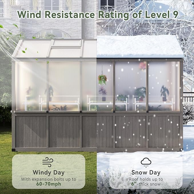 Aoxun 6x10 FT Walk-in Wooden Greenhouse,Solid Cedar Frame,Polycarbonate Panels, Automatically Temperature Control Roof Vent and Lockable Door,for Outdoor, Garden, Backyard,Patio, Lawn, Gray
