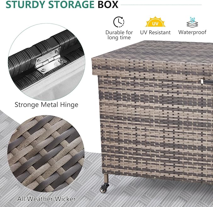 AVAWING 240 Gallon Wicker Deck Box, Outdoor Storage Box with Portable Wheels and Handles, Patio Rattan Container for Garden, Balcony, Yard (Grey)