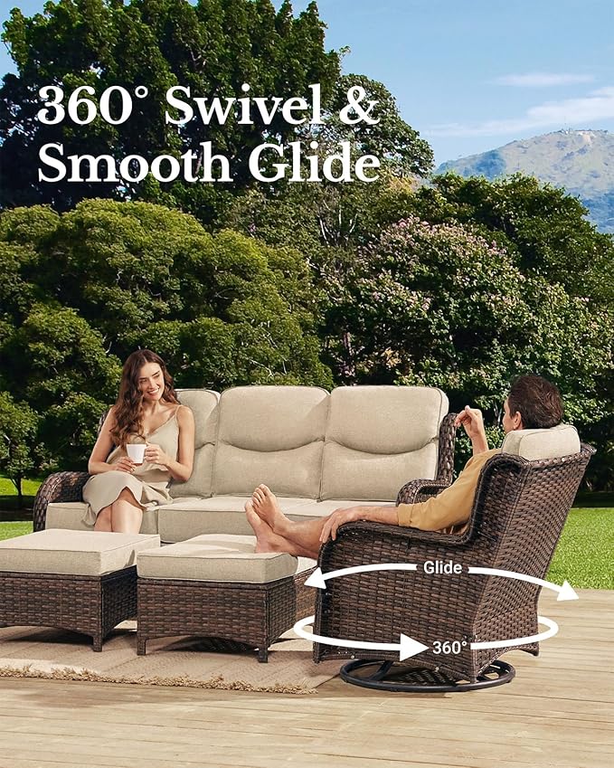 HILLGA Luxury Patio Furniture Set with 6-inch Thick Cushion, Outdoor Couch and High Back Swivel Rocker Patio Chairs, 6PCS Wicker Conversation Set for Deck Yard and Poolside, Beige (V2)