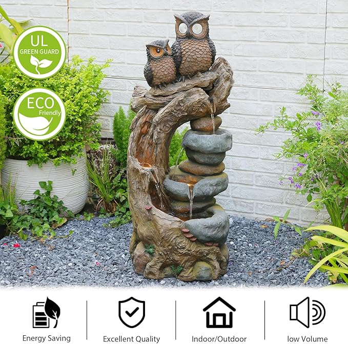 34.3''H Outdoor Water Fountain Owl Tree Stump, 4 - Tier Cascading Waterfall Garden Fountains with LED Lights & Pump Water Feature Resin for Patio, Deck, Yard, Home Decor