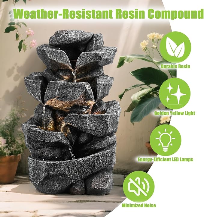 Outdoor 5-Tiers Cascading Rock Water Fountain, Waterfall Fountain with LED Lights, Outdoor Fountains and Waterfalls for Garden or Patio, Yard, and Deck Decor with Natural Stone Look