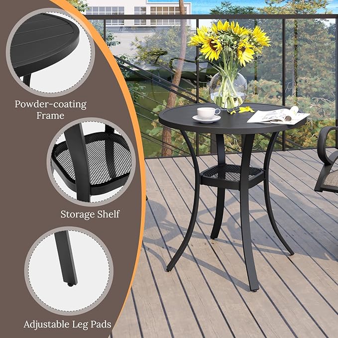 VICLLAX Patio Dining Set for 2, 3 Pieces Outdoor Furniture Includes 27.5" Small Round Patio Table and 2 Outdoor Swivel Chairs for Lawn Garden, Black Tabletop and Mixed Brown Fabric