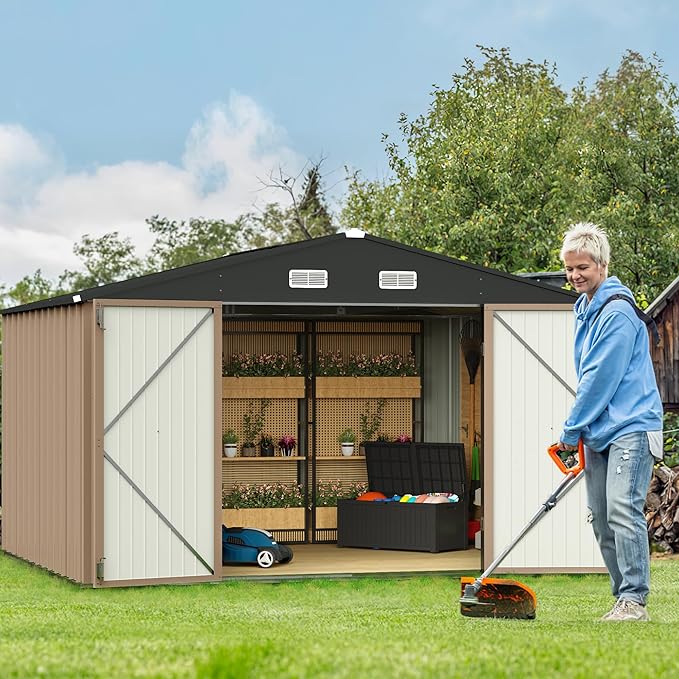 GUNJI 10 x 8 FT Shed Outdoor Storage Shed Metal Garden Shed with Lockable Door Outside Waterproof Tool Shed for Backyard, Patio, Lawn (Brown)