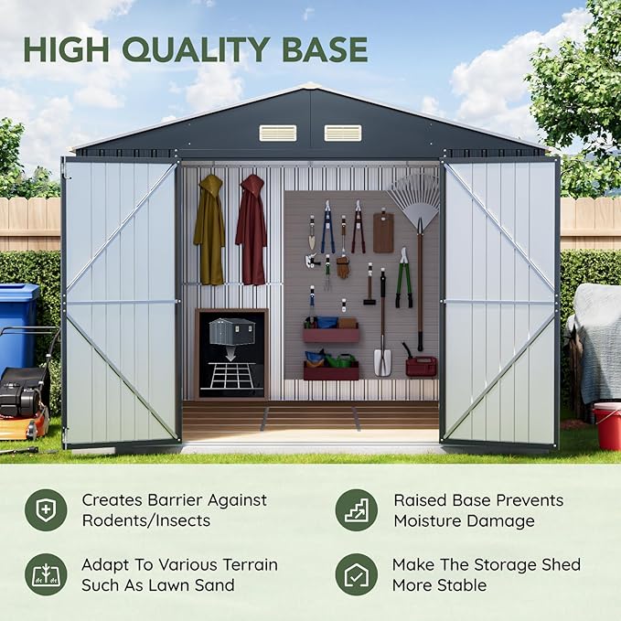10x10 FT Outdoor Metal Storage Shed with Floor Frame, Double Swing Doors, 2 Clear Windows,Tool Shed for Garden, Patio, Backyard Nightblue