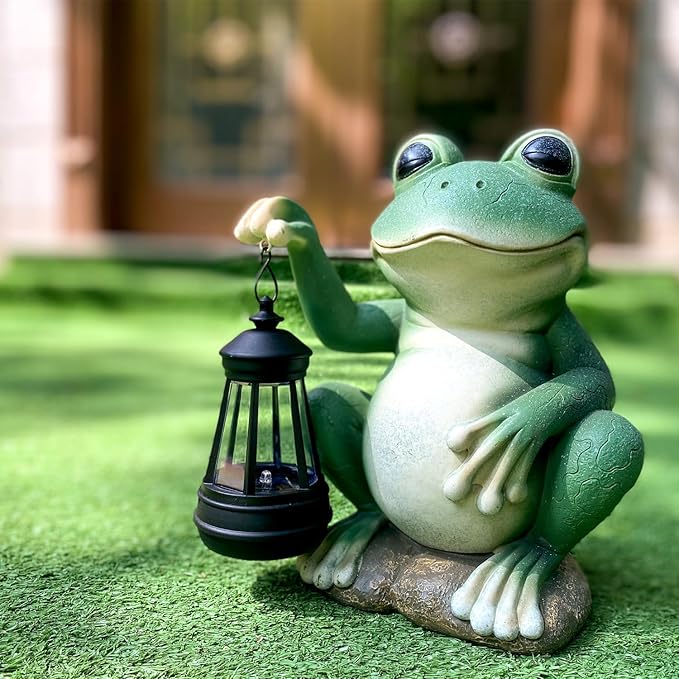 Large Frog Garden Decor for Outside Solar Powered Sculptures for Yard Patio Cute Animal Statues Housewarming Outdoor Ornaments