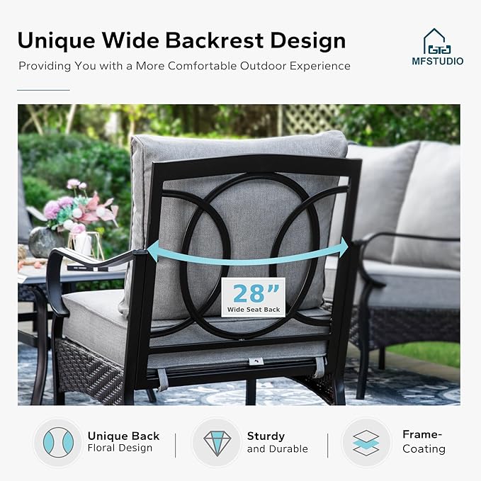 MFSTUDIO 4 Pieces Outdoor Patio Furniture Set, Metal Outdoor Conversation Set, Rattan Wicker Patio Sectional with 2 x Swivel Single Sofa, 3-Seat Sofa, 1 x Coffee Table, Grey