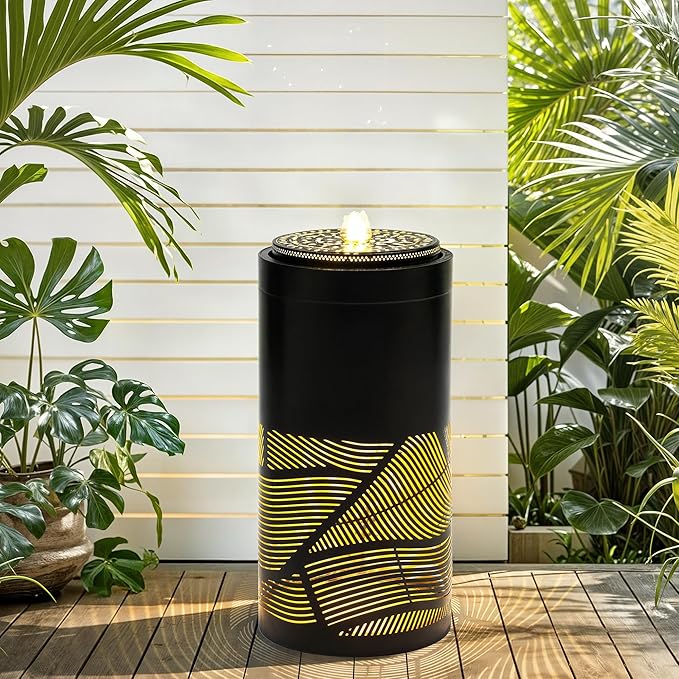 24" Outdoor Fountain, Metal Cutout Lantern Water Fountain, Charming Outdoor Lights for Garden, Patio, Yard