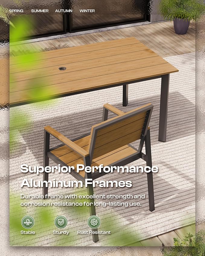 Outdoor Dining Set for 6, Patio Dining Sets with Umbrella Hole, 7 Pieces HDPS Outdoor Table and Chairs for Patio, Garden