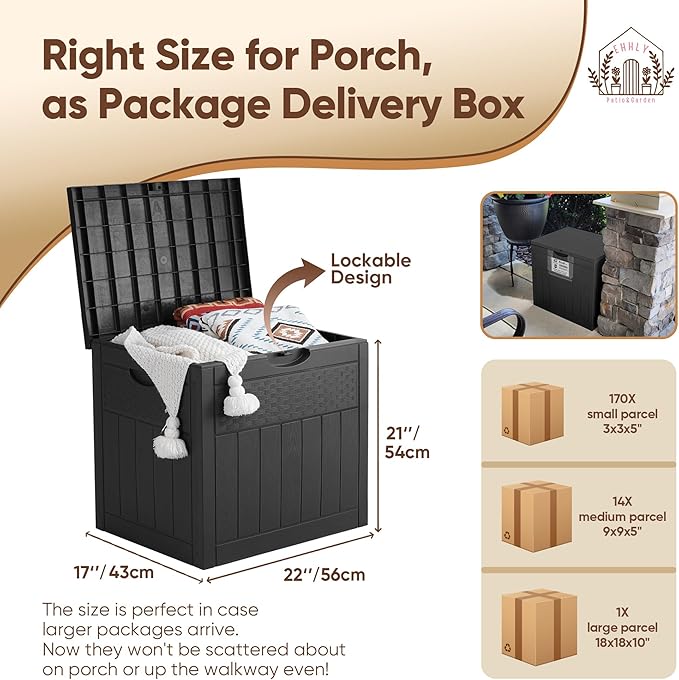 33 Gallon Deck Box Set of 2, Small Outdoor Storage Box Waterproof, Lockable Secure Package Bin Delivery Box for Outside, Patio Cushions Storage Box, Delivery Driver Snack Box for Porch, Black