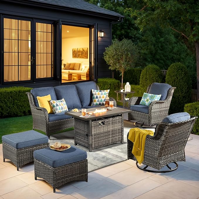 HOOOWOOO Patio Furniture Set,7 Piece Outdoor Furniture Set with Fire Pit Table,Wicker Patio Conversation Couch Swivel Chairs Ottoman Set,Denim Blue