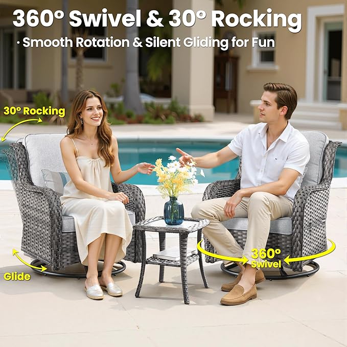 ovios 7 Pieces Patio Furniture Set, Outdoor Wicker Sofa Couch with Swivel Chairs 42" Fire Pit Table, High Back All Weather Modern Conversation Sets, Grey Rattan, Grey