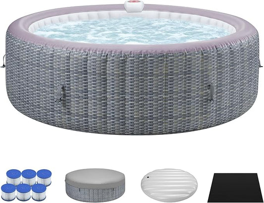 UHOMEPRO Inflatable Hot Tub Spa Set, Outdoor Bubble Massage Portable Hot Tubs with 130 Soothing Jets, Insulated Cover, Internal Heater Pump, 6 Filter Cartridges (Round)