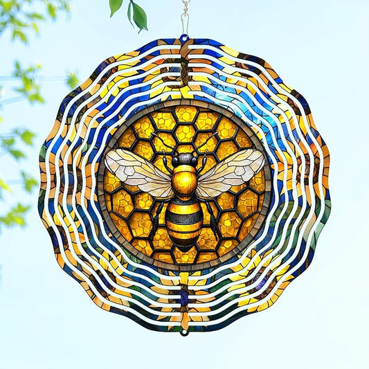 FLAGWIX Christmas Bee Wind Spinners Outdoor - 3D Stainless Steel Metal Wind Spinners 12 in - Bee Gifts Decorations for Home, House Outdoor Garden Decor for Outside, Christmas Garden Gifts for Women