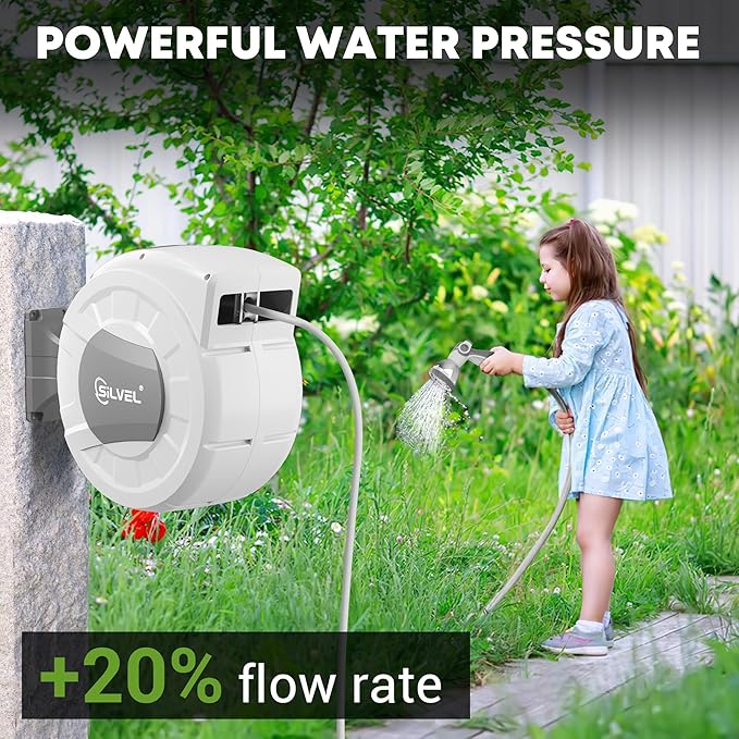SILVEL Retractable Garden Hose Reel, 1/2 in x 110ft Wall Mount Heavy Duty Automatic Hose Reel with 10 Pattern Nozzle, Any Length Lock & Slow Return System, 180°Swivel Bracket Upgraded UV Resistant