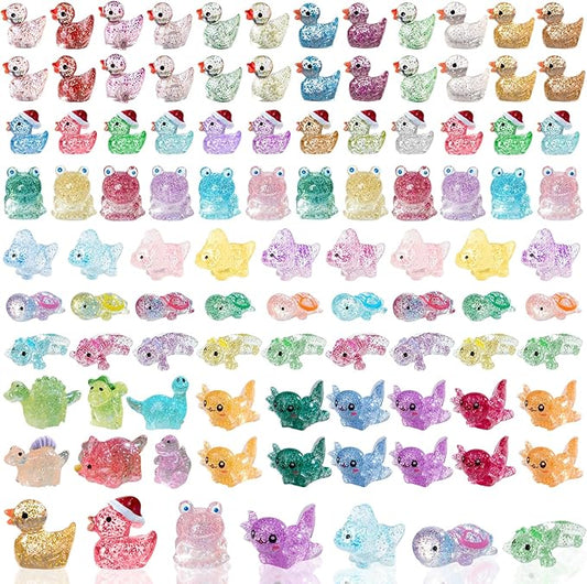 Mini Glitter Ducks 200 Pcs Tiny Duck Figures Luminous Resin Dinosaur Turtle Frog Axolotls to Hide Plastic Animal for DIY Garden Miniatures Fairy Garden Accessories (8 Styles)